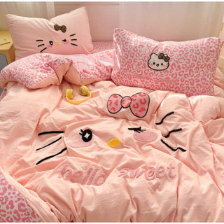 Bộ Chăn Ga Gối Đũi Dệt Lady Cat 4 Món Cao Cấp - Set Mền Ga Giường Cotton Đũi Công Nghệ 5D Hình Mèo Dễ Thương Mùa Hè