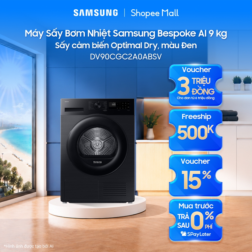 Máy Sấy Bơm Nhiệt Samsung Bespoke AI 9 kg DV90CGC2A0ABSV - Sấy cảm biến Optimal Dry, màu Đen