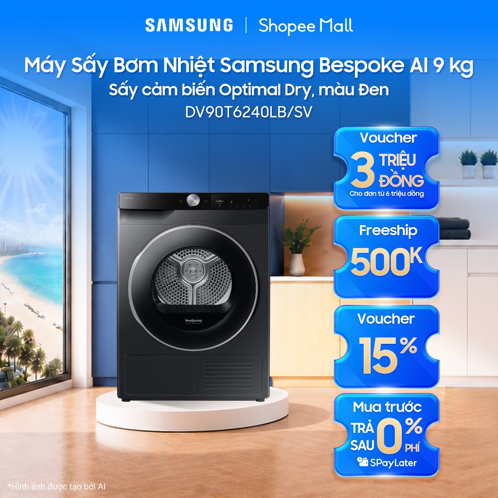 Máy Sấy Bơm Nhiệt Samsung Bespoke AI 9 kg DV90T6240LB/SV - Sấy cảm biến Optimal Dry, màu Đen