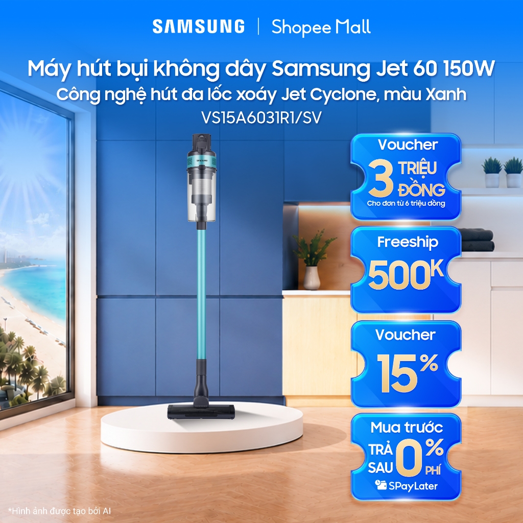 Máy hút bụi không dây Samsung Jet 60 150W VS15A6031R1 - Công nghệ hút đa lốc xoáy Jet Cyclone, màu Xanh