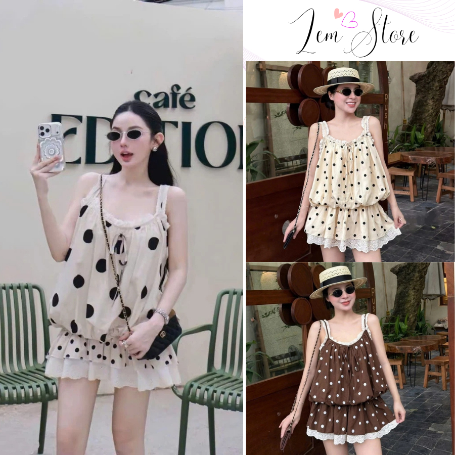 (Sẵn Hỏa Tốc) Váy 2 dây chấm bi phối viền ren, jum chấm bi 2 lớp bí phồng chân váy tầng