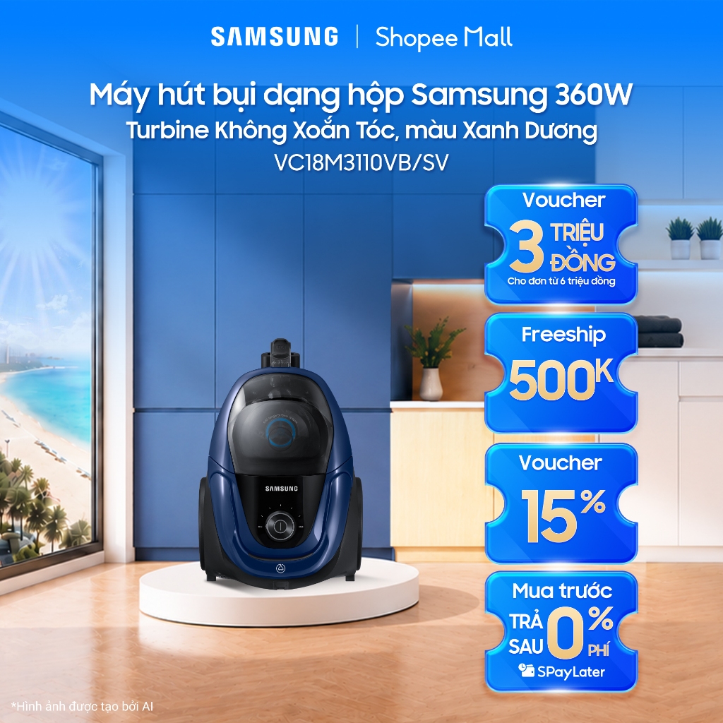 Máy hút bụi dạng hộp Samsung 360W VC18M3110VB/SV - Turbine Không Xoắn Tóc, màu Xanh Dương