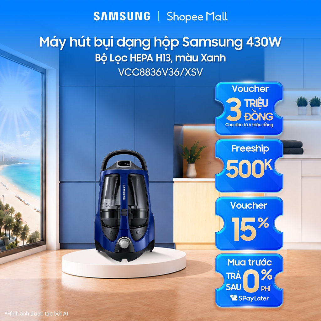 Máy hút bụi dạng hộp Samsung 430W VCC8836V36/XSV - Bộ Lọc HEPA H13,  màu Xanh