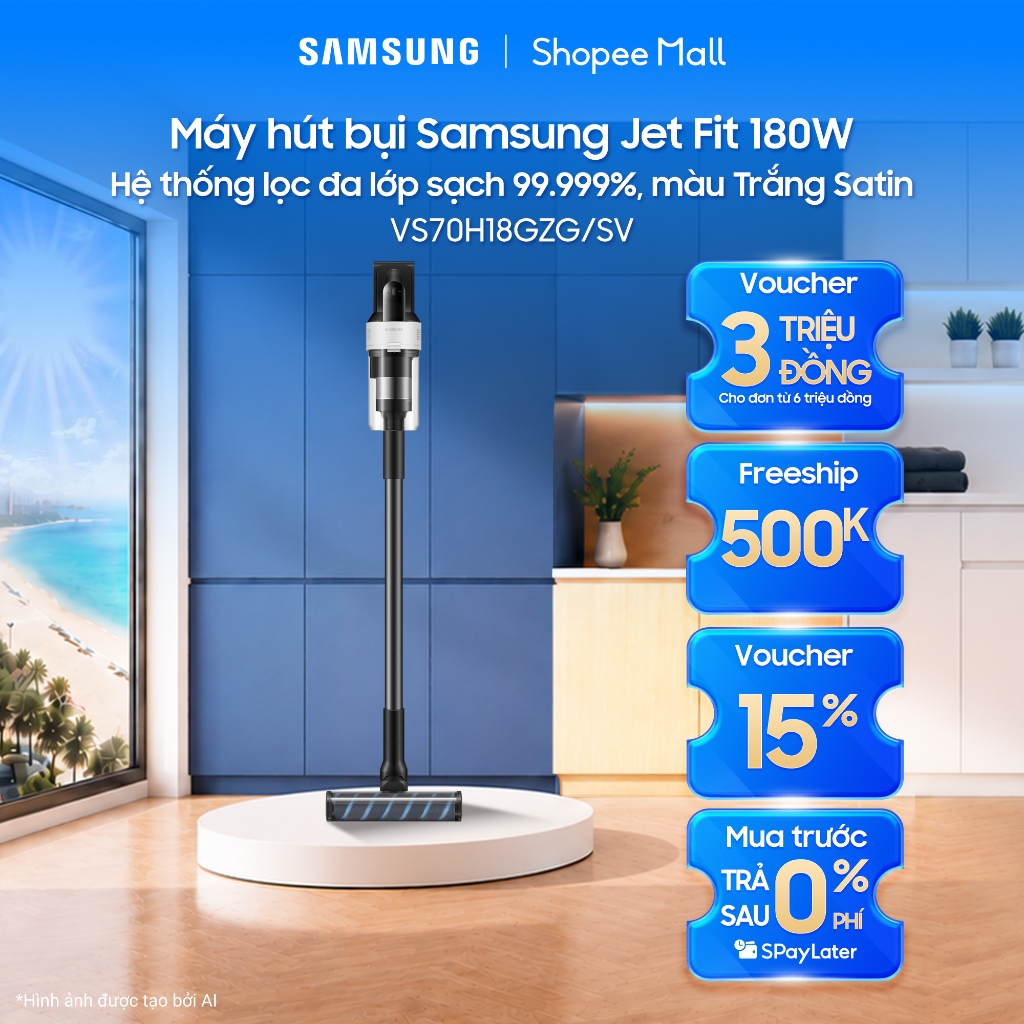 Máy hút bụi Samsung Jet Fit 180W VS70H18GZG/SV - Hệ thống lọc đa lớp sạch 99.999%, màu Trắng Satin