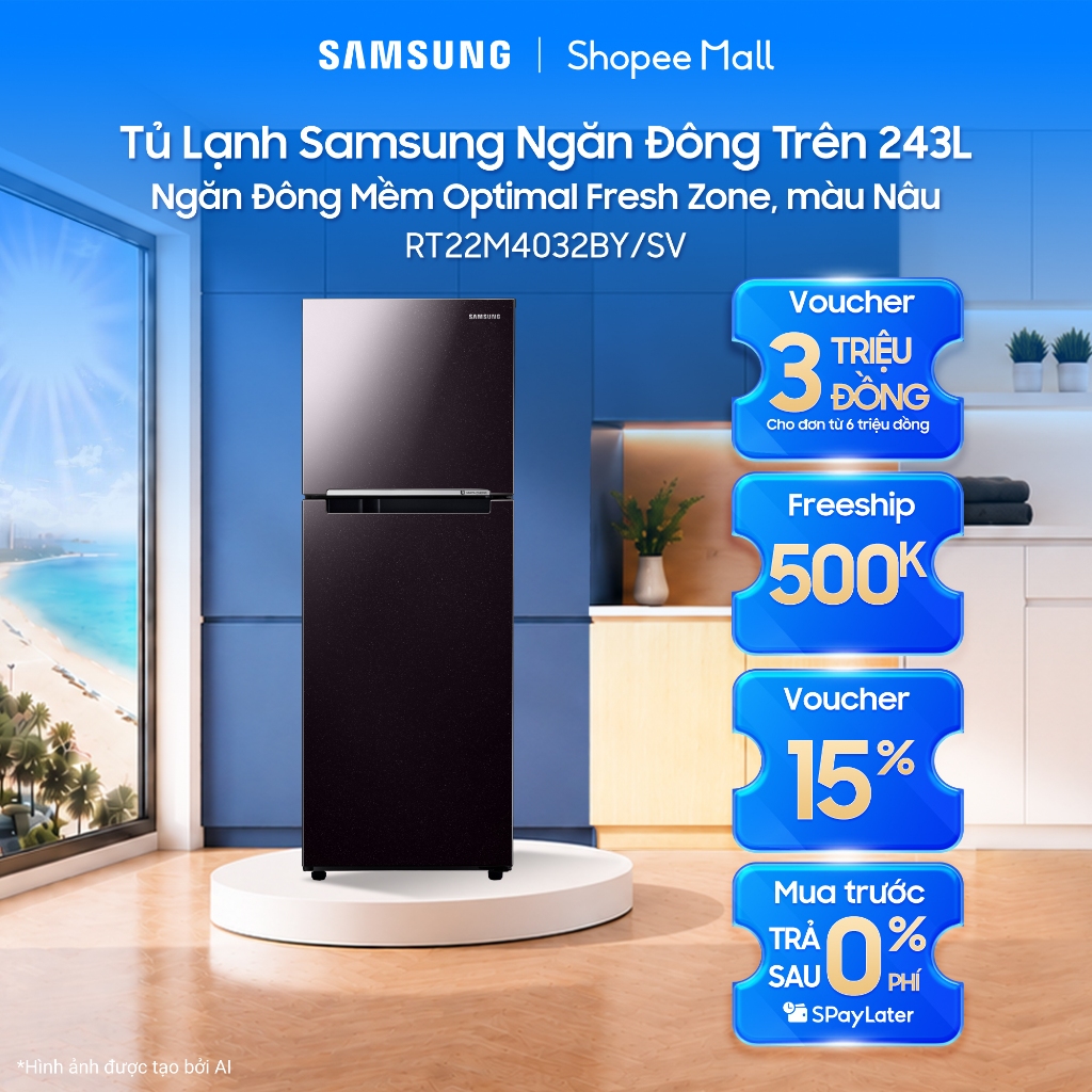 Tủ Lạnh Samsung Ngăn Đông Trên 236L RT22M4032BY/SV - Ngăn Đông Mềm Optimal Fresh Zone, màu Nâu