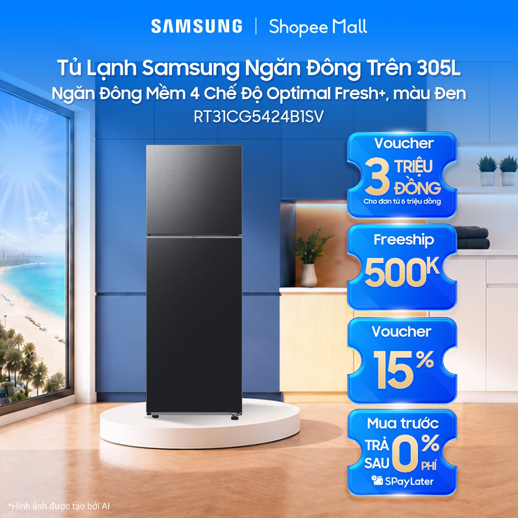 Tủ Lạnh Samsung Ngăn Đông Trên 305L RT31CG5424B1SV - Ngăn Đông Mềm 4 Chế Độ Optimal Fresh+, màu Đen