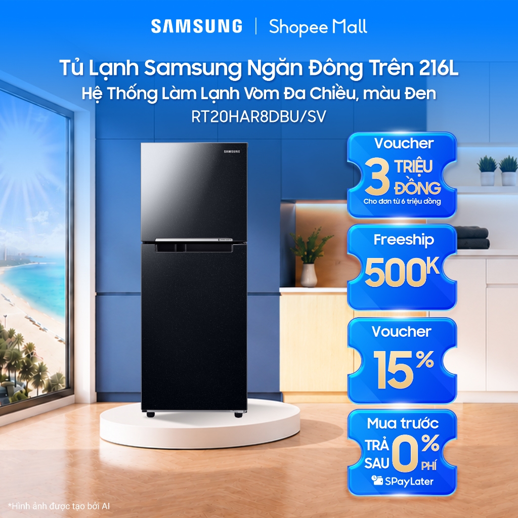 Tủ Lạnh Samsung Ngăn Đông Trên 216L RT20HAR8DBU/SV - Hệ Thống Làm Lạnh Vòm Đa Chiều, màu Đen