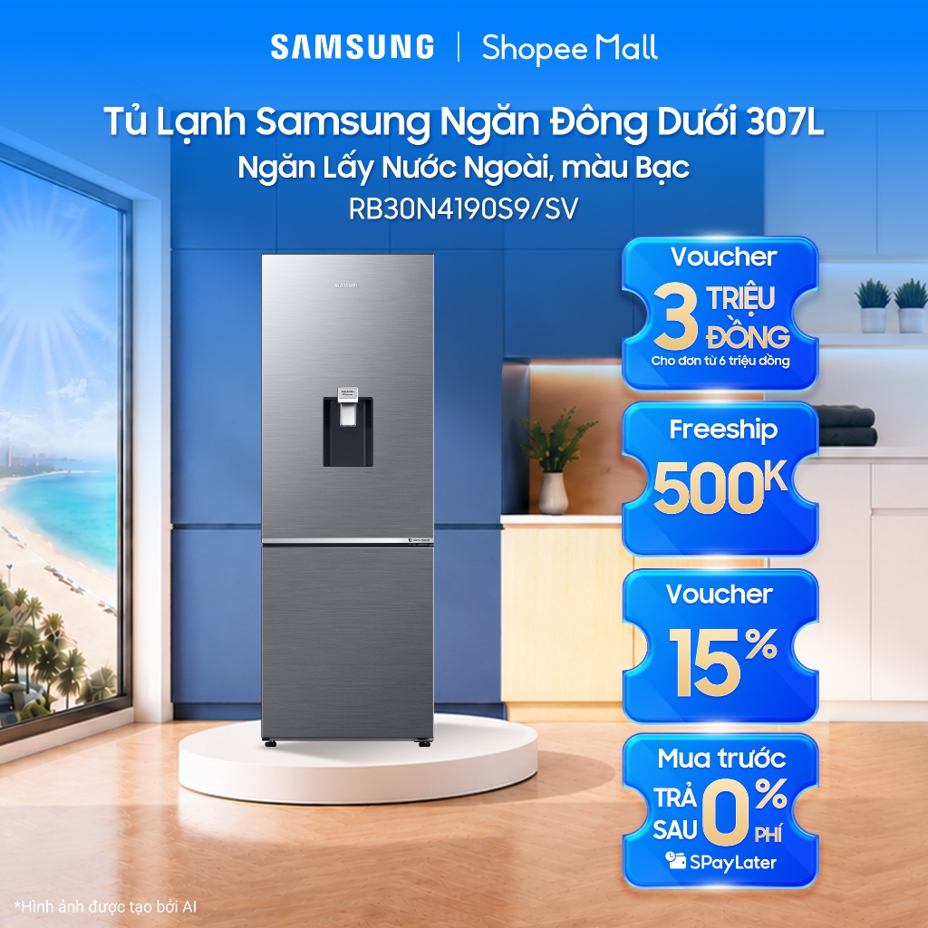 Tủ Lạnh Samsung Ngăn Đông Dưới 307L RB30N4190S9/SV - Ngăn Lấy Nước Ngoài, màu Bạc