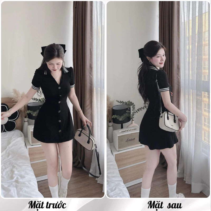 Đầm nữ, váy nữ DONNA HCOM25842 cổ bẻ dáng chữ A chiết eo phong cách Hàn Quốc trẻ trung