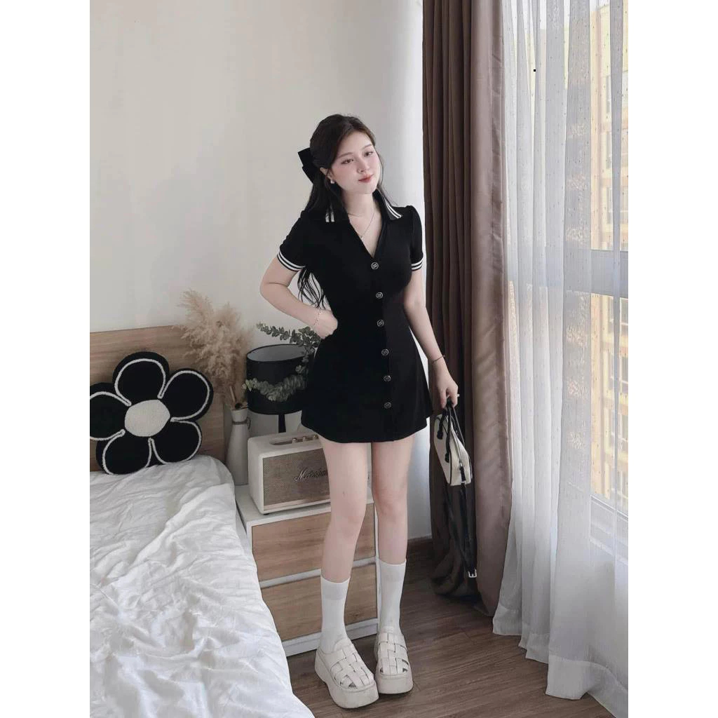 Đầm nữ, váy nữ DONNA HCOM25842 cổ bẻ dáng chữ A chiết eo phong cách Hàn Quốc trẻ trung