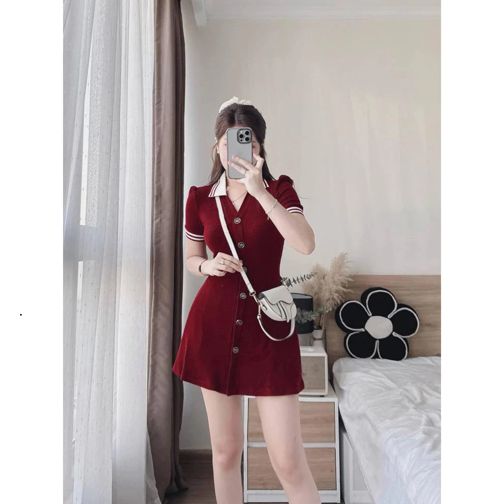 Đầm nữ, váy nữ DONNA HCOM25842 cổ bẻ dáng chữ A chiết eo phong cách Hàn Quốc trẻ trung