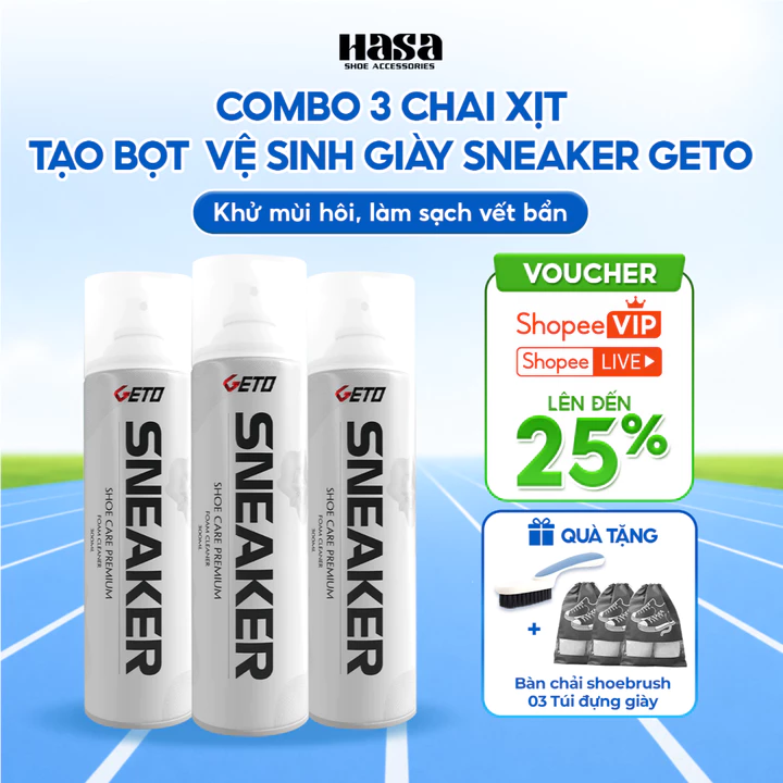 Combo 3 chai xịt tạo bọt vệ sinh giày Sneaker Geto cao cấp | Chai giặt khô giày loại bỏ vết bẩn mùi hôi