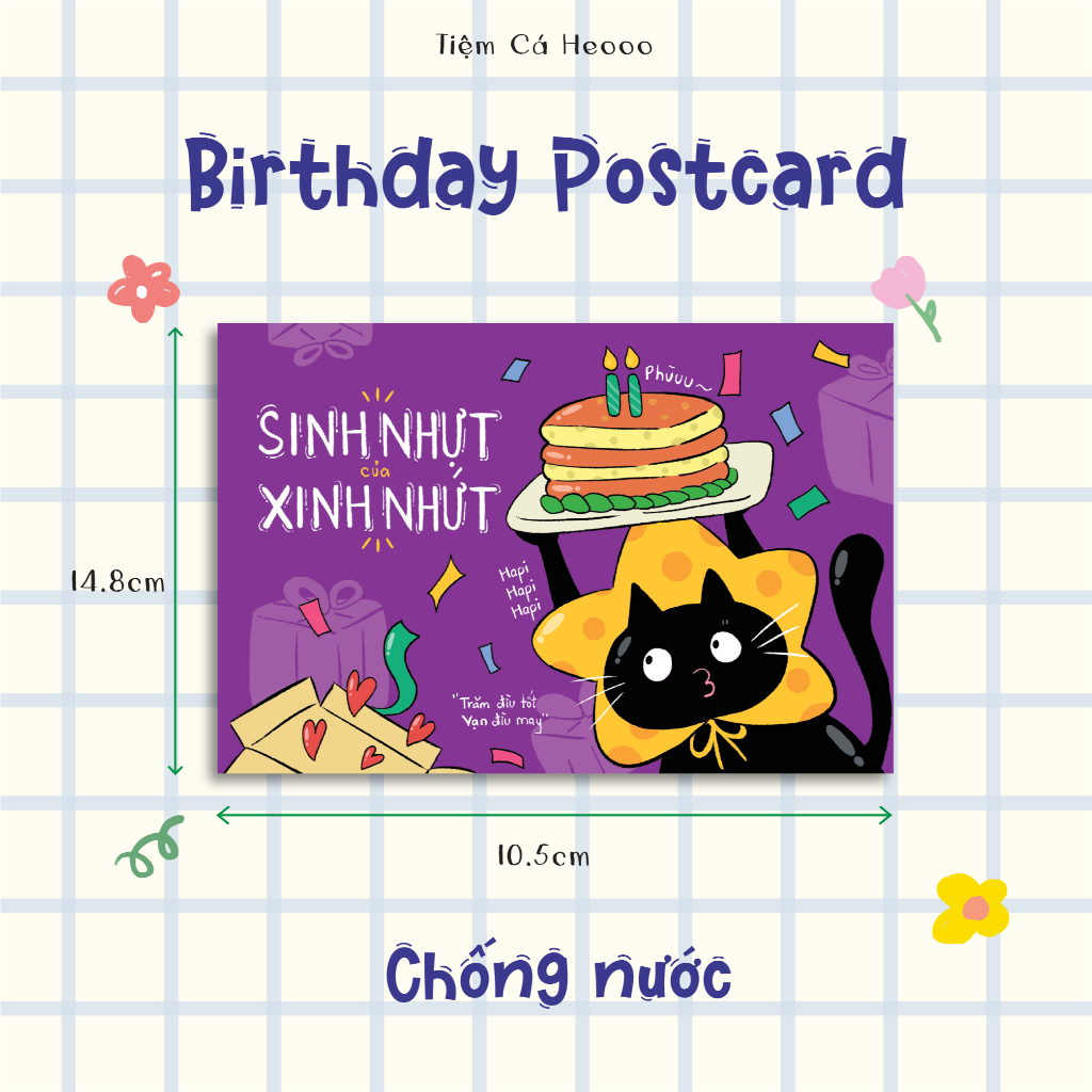 Postcard sinh nhật mèo đen cute - Thiệp viết tay - Tranh trang trí mini