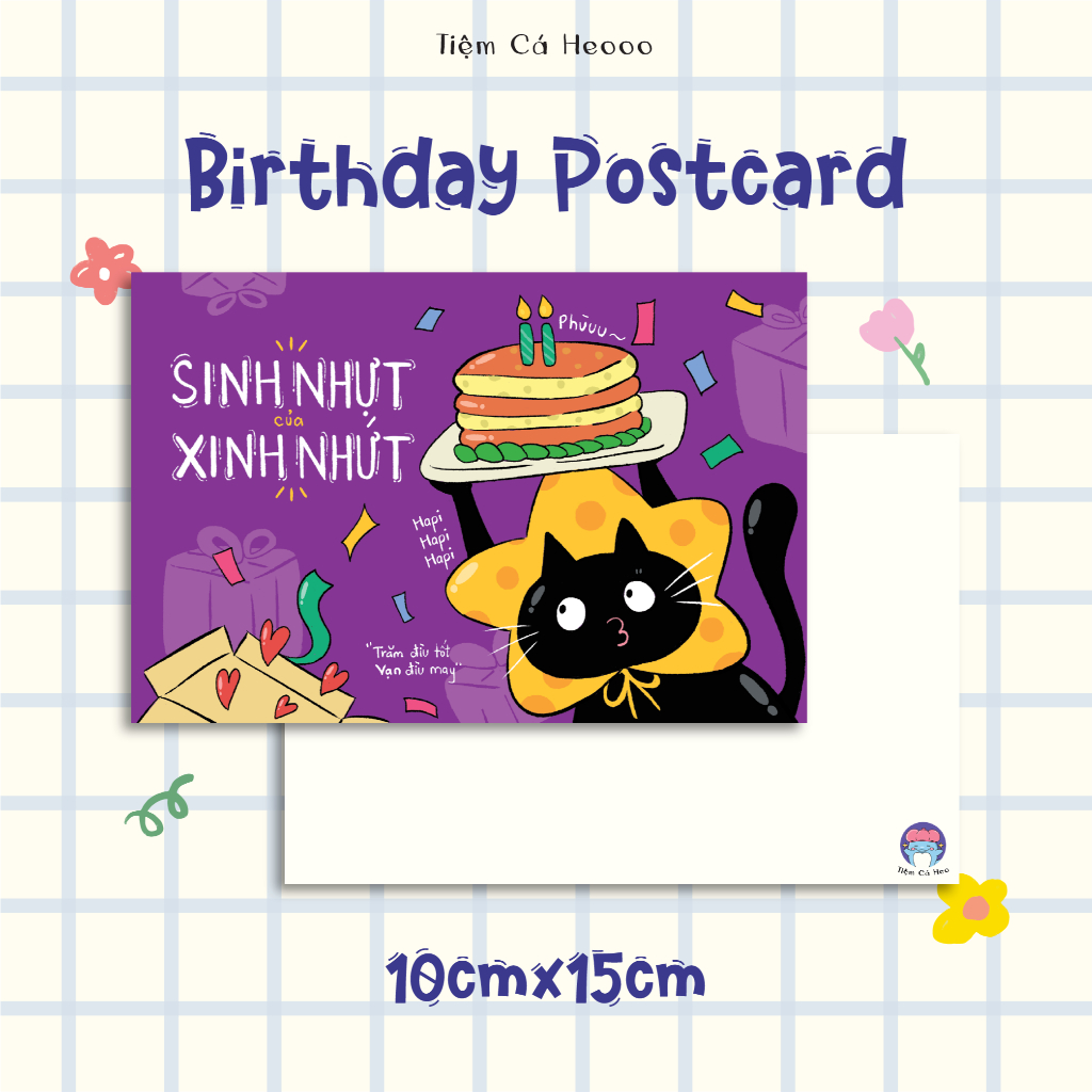 Postcard sinh nhật mèo đen cute - Thiệp viết tay - Tranh trang trí mini