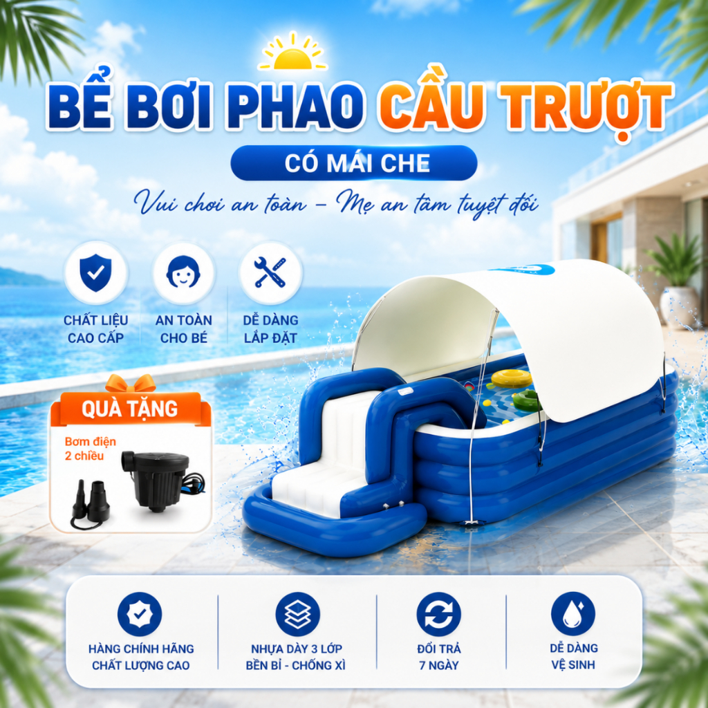 [Hàng Loại 1] Bể Bơi Phao Cầu Trượt Có Mái Che KAW Dày Dặn,Bền Bỉ, An Toàn Cho Bé, Tặng Bơm Điện