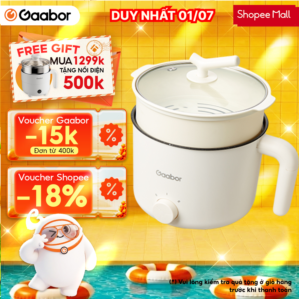 Nồi điện đa năng Gaabor GR-N15A lẩu điện 1.5L chống dính công suất 600W ăn mì nấu lẩu kèm xửng hấp