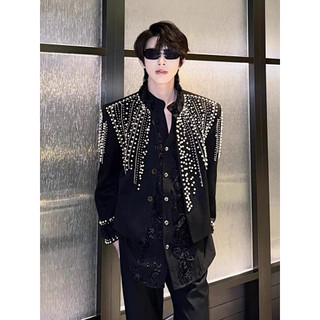 Bộ Vest Nam Đen Đính Đá Cao Cấp - Áo Khoác Blazer & Quần Ống Rộng Phong Cách Idol Hàn Quốc, Biểu Diễn, Chụp Ảnh, Sự Kiện