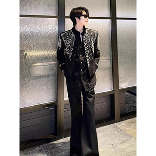 Bộ Vest Nam Đen Đính Đá Cao Cấp - Áo Khoác Blazer & Quần Ống Rộng Phong Cách Idol Hàn Quốc, Biểu Diễn, Chụp Ảnh, Sự Kiện