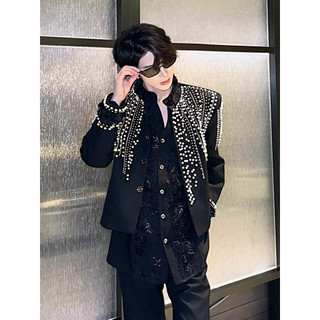Bộ Vest Nam Đen Đính Đá Cao Cấp - Áo Khoác Blazer & Quần Ống Rộng Phong Cách Idol Hàn Quốc, Biểu Diễn, Chụp Ảnh, Sự Kiện