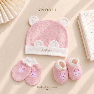 Set mũ bao tay bao chân sơ sinh cotton xuất Hàn Anchee cao cấp – Bộ mũ tai gấu mềm mịn, thoáng khí cho bé 0-6 tháng