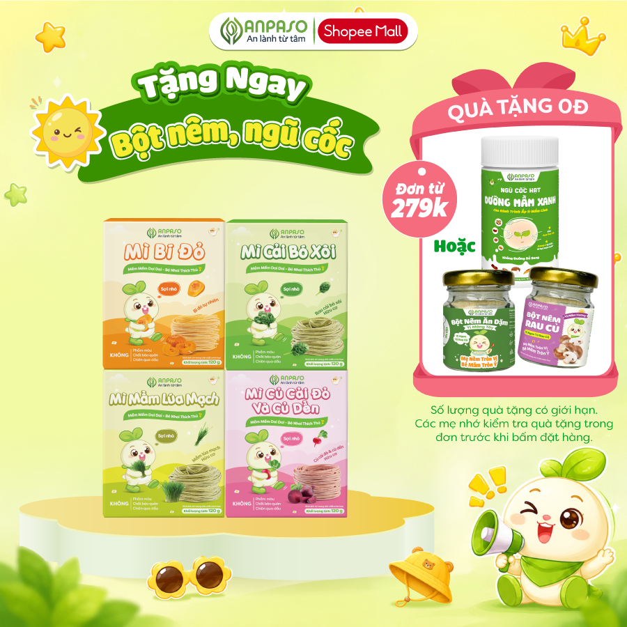 Mì Ăn Dặm cho bé Anpaso -  Đồ Ăn Dặm Cho Bé Vị Rau Củ - Mỳ Cải Bó Xôi Hữu Cơ Organic gói 120g
