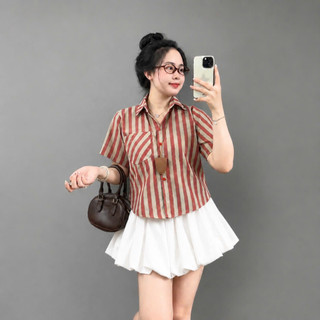 Set Bộ Bigsize Nữ Áo Sơ Mi Kẻ Sọc Vải Linen Kèm Chân Váy Bí Năng Động Cho Chubby A288 +CV413