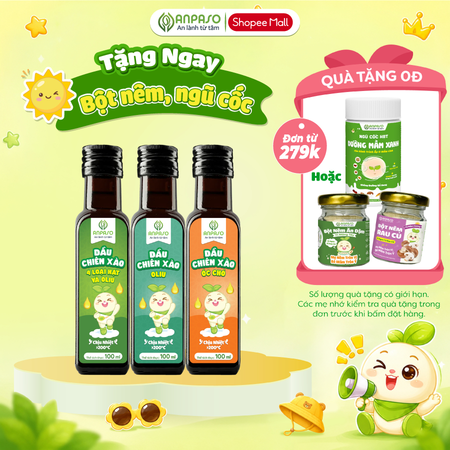 Dầu Chiên Xào Cho Bé Ăn Dặm Anpaso 100ml chịu nhiệt trên 200 độ C - Dầu oliu, óc chó, mix hạt