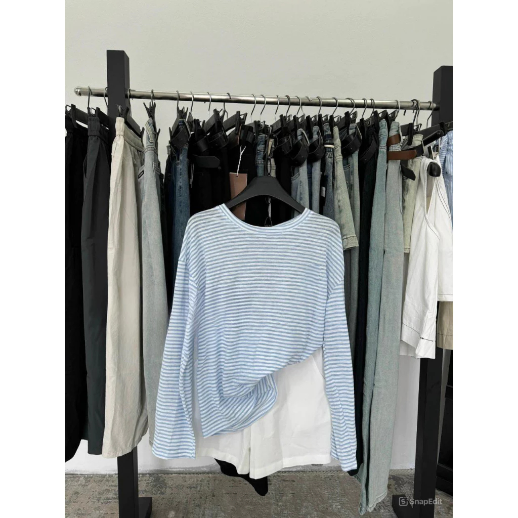 Set đồ nữ áo thun dài tay cổ tròn kẻ ngang xanh trắng mix quần short Jumito, đồ bộ nữ phong cách trẻ trung D1757