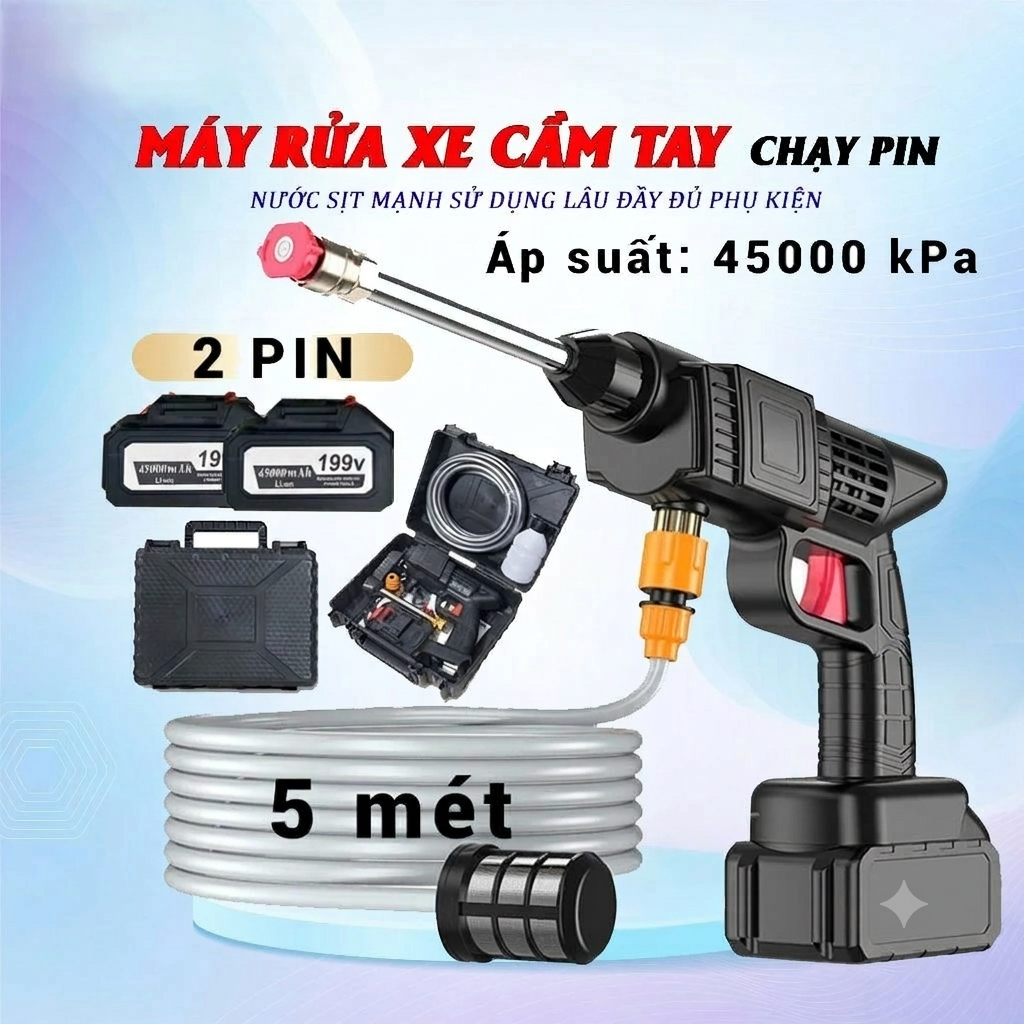 HÀNG RẺ! Máy Rửa Xe  Pin 199V - Máy Xịt Rửa Sân Vườn, Máy Xịt Rửa Cao Ap Có Tạo Bọt Tuyết Tặng Kèm Bình Tạo Bọt