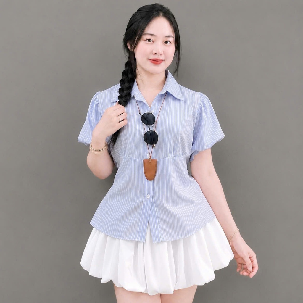Áo bigsize nữ kiểu baby doll tay phồng có dây buộc ở eo tôn dáng che khuyết điểm vải mềm mát thiết kế thanh lịch -SM189