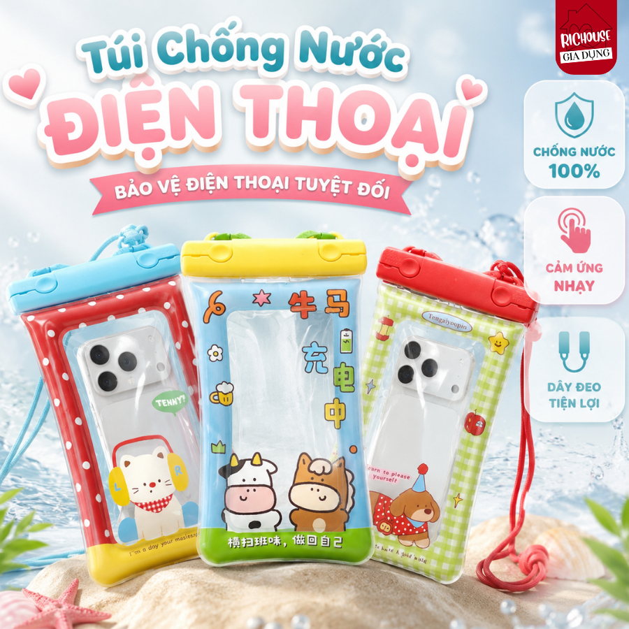 Túi Đựng Điện Thoại Chống Nước Cỡ Lớn RICHOUSE Túi Đựng Đồ Cảm Ứng Nhạy 3 Lớp Khóa, Dây Đeo Tiện Lợi