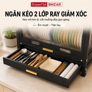 Tủ bếp đa năng Có ngăn kéo và khay thoát nước Tủ đựng chén bát thép 2 tầng Kệ để bát đĩa Dung lượng lớn cao cấp