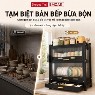 Tủ bếp đa năng Có ngăn kéo và khay thoát nước Tủ đựng chén bát thép 2 tầng Kệ để bát đĩa Dung lượng lớn cao cấp
