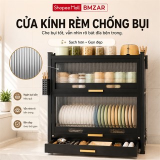 Tủ bếp đa năng Có ngăn kéo và khay thoát nước Tủ đựng chén bát thép 2 tầng Kệ để bát đĩa Dung lượng lớn cao cấp