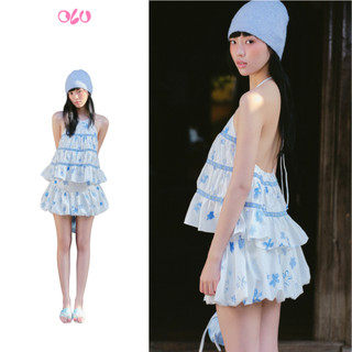 Set OLV áo yếm và chân váy White Blue Fleur Halter Tiered phù hợp mùa hè đi chơi đi biển