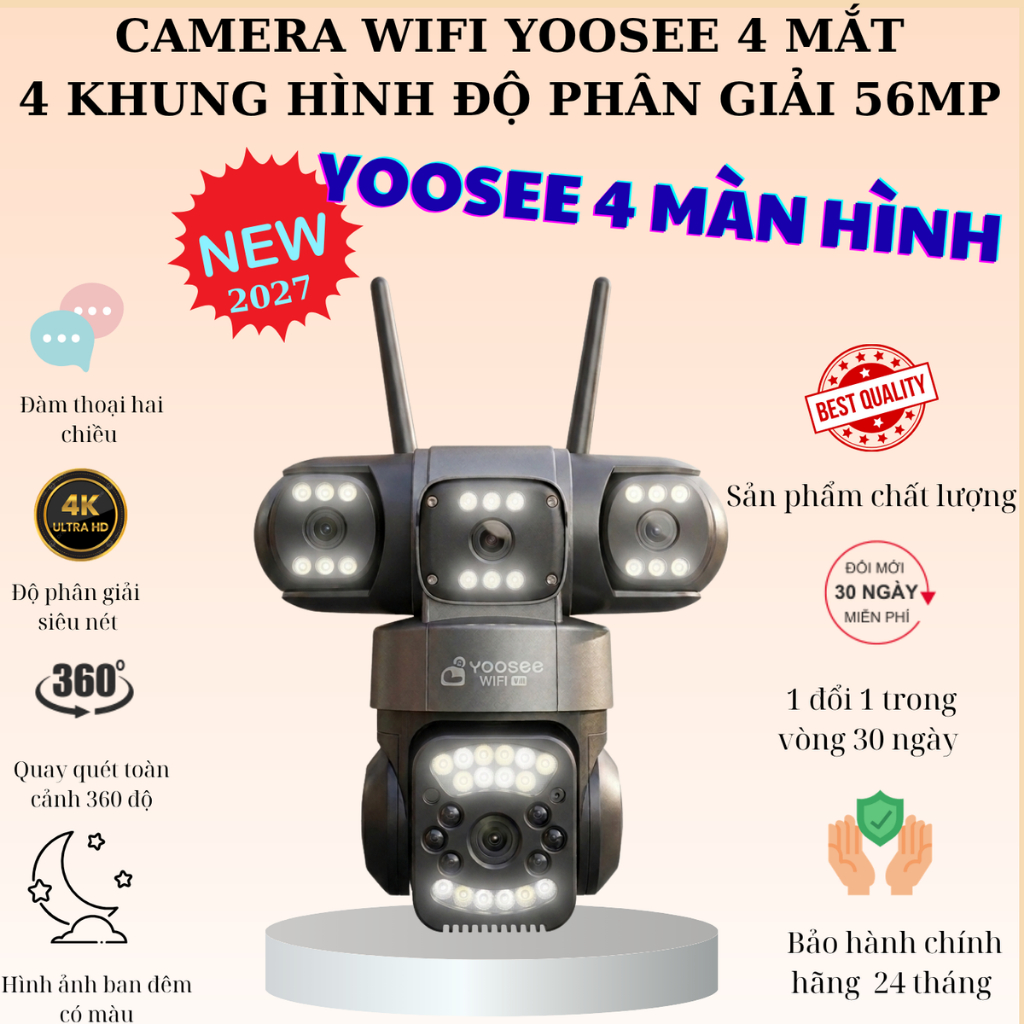 (Lỗi 1 đổi 1) Camera 2027 YOOSEE 4 mắt 4 khung hình chất Lượng Cao độ phân giải Bắt Sóng Wifi , Xoay 360 Độ, Chống Nước