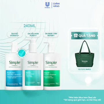 [LS] [MỚI] Sữa Rửa Mặt Simple 240ml Purify+ Giảm Mụn Sau 7 Ngày, Repair+ Phục Hồi Da, Hydrate+ Giúp Da Trông Căng Mướt