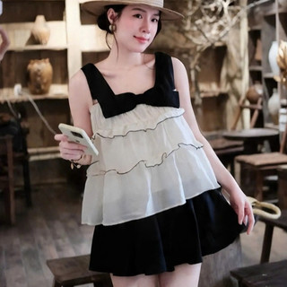 Set Bộ Nữ Tiểu Thư, Áo Hai Dây Tầng Bèo Mix Chân Váy Quần Xòe Xinh Xắn