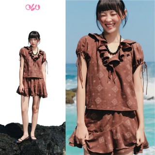 Set áo và chân váy OLV dễ thương Brown Jacquard Ruffled Set phù hợp mùa hè đi chơi đi biển