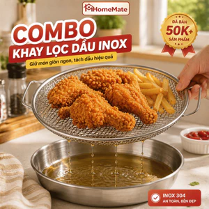 Set COMBO Khay Inox Kèm Vỉ Lưới Lọc Dầu HomeMate Có Tay Cầm, Khay Ráo Dầu Chiên Rán Dùng Cho Nồi Chiên Không Dầu