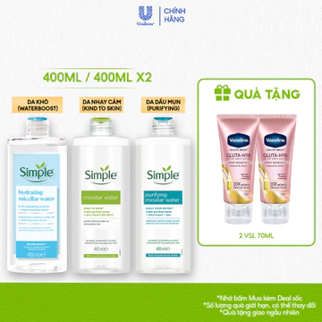 [LIVE] Tuýp lẻ/ Combo 2 Nước Tẩy Trang sạch sâu và cấp ẩm cho da Simple Micellar Water 400ml
