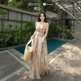 Đầm maxi dáng dài voan họa tiết loang nâu phong cách quyến rũ Khiết KD692