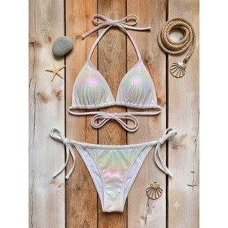 Bikini 2 mảnh, bộ đồ bơi nữ màu ánh bạc có đệm ngực, dây buộc điều chỉnh, quần nhỏ hàng VNXK cao cấp