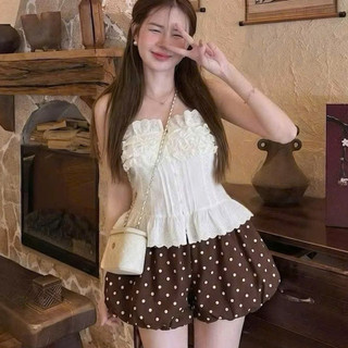 Set Bộ Nữ Tiểu Thư Vintage, Áo Hai Dây Ren Bèo Mix Quần Bí Chấm Bi Nâu Xinh Xắn