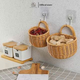 Giỏ treo tường OABU, đựng hành tỏi, giả mây, màu vàng nhạt, decor trong nhà bếp 03a
