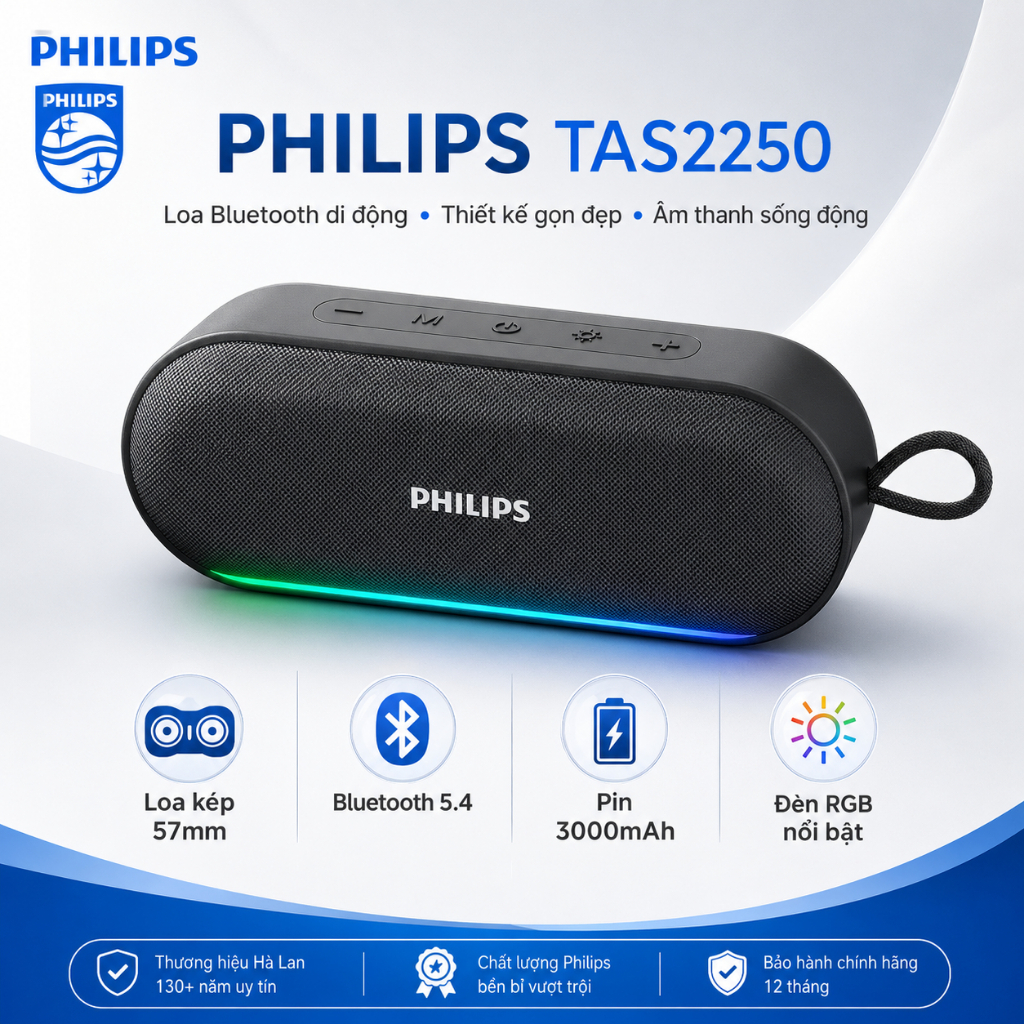 [Mới 100% - FullBox] Loa Bluetooth Philips TAS2250  Cao Cấp | Pin 3000mAh | Đèn RGB | Kết Nối TWS