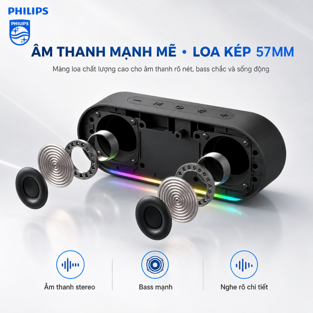 [Mới 100% - FullBox] Loa Bluetooth Philips TAS2250  Cao Cấp | Pin 3000mAh | Đèn RGB | Kết Nối TWS