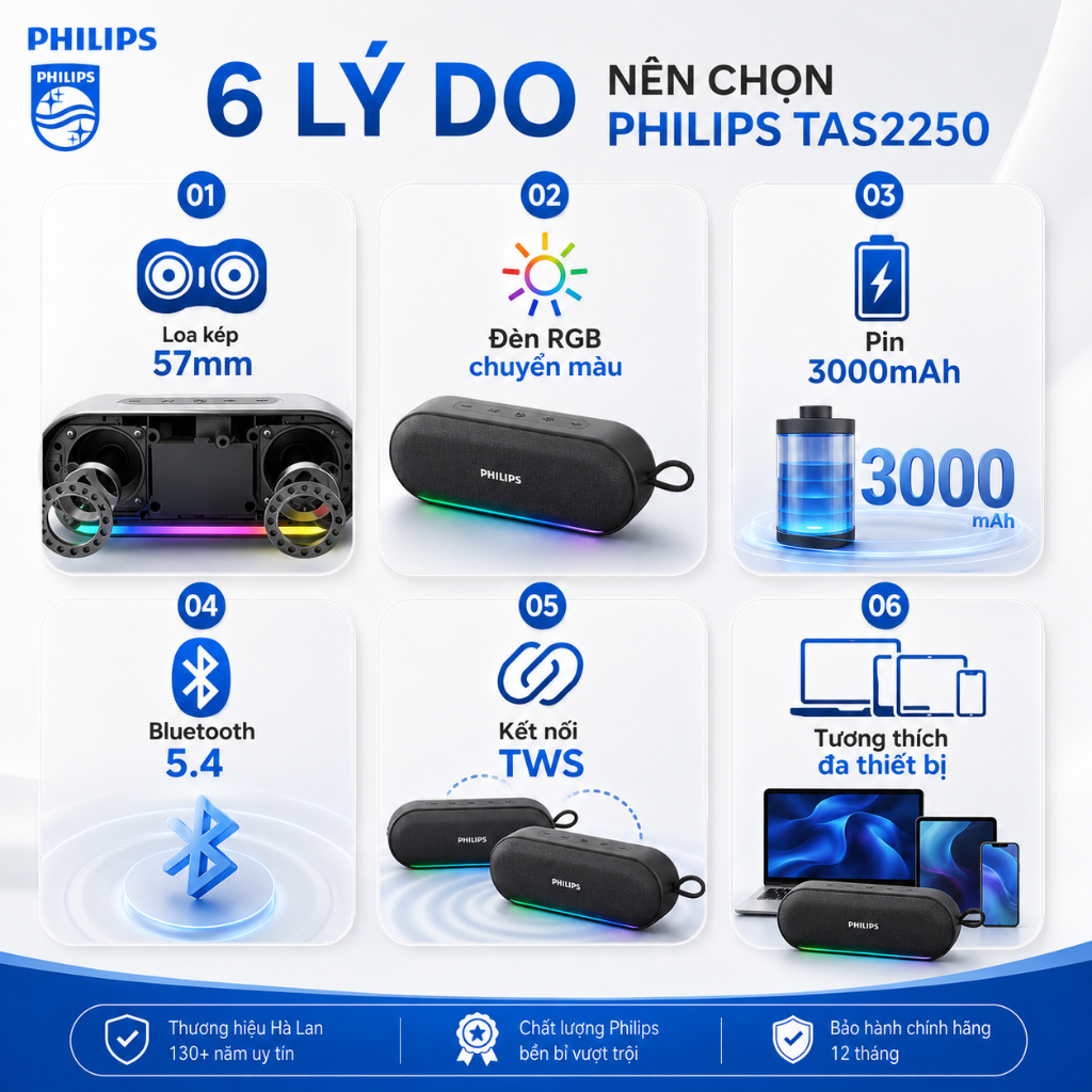 [Mới 100% - FullBox] Loa Bluetooth Philips TAS2250  Cao Cấp | Pin 3000mAh | Đèn RGB | Kết Nối TWS