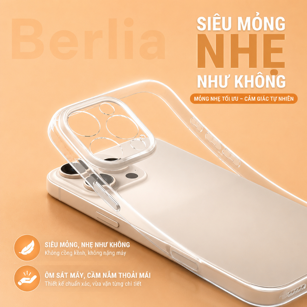 Ốp Lưng Trong Suốt Chính Hãng Berlia Dành Cho Xs/XR/XS Max/11/12/13/14/15/16/17/Plus/Air/Pro/Pro Max