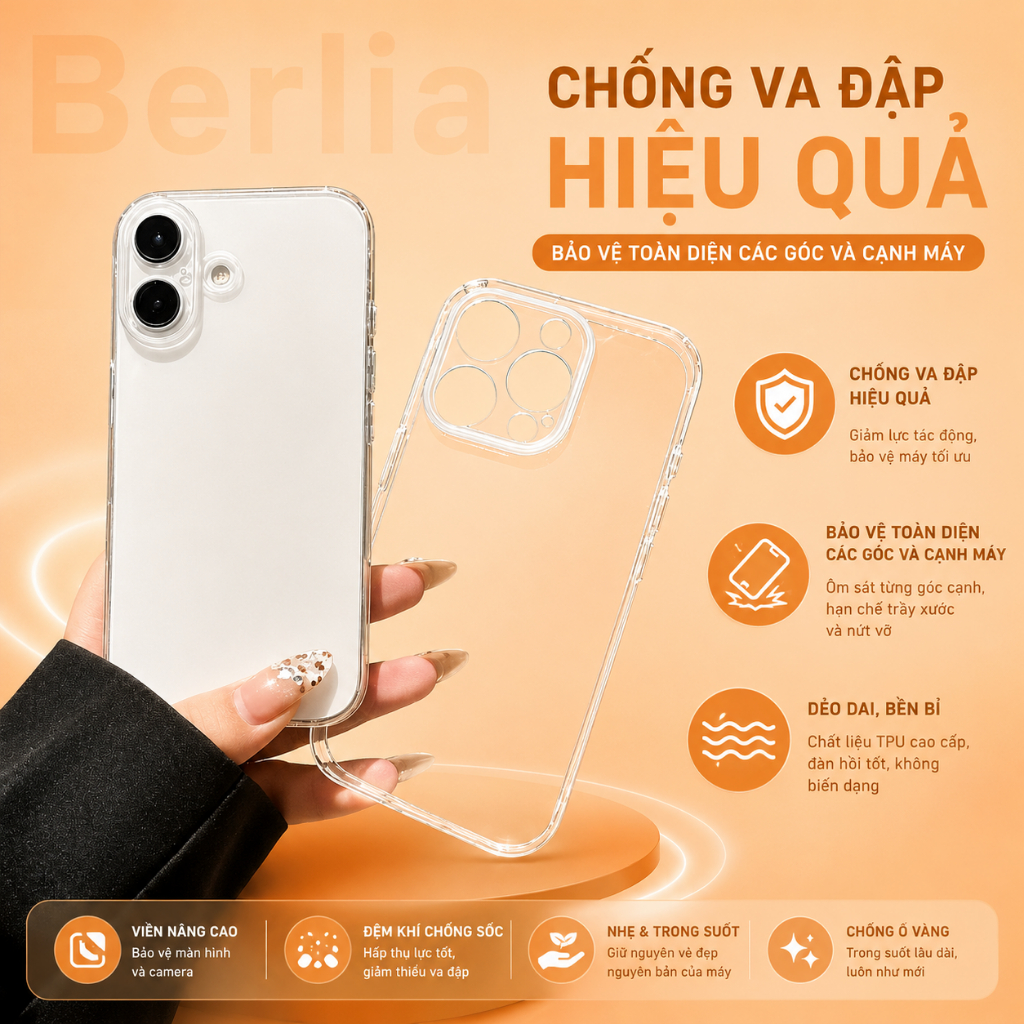 Ốp Lưng Trong Suốt Chính Hãng Berlia Dành Cho Xs/XR/XS Max/11/12/13/14/15/16/17/Plus/Air/Pro/Pro Max